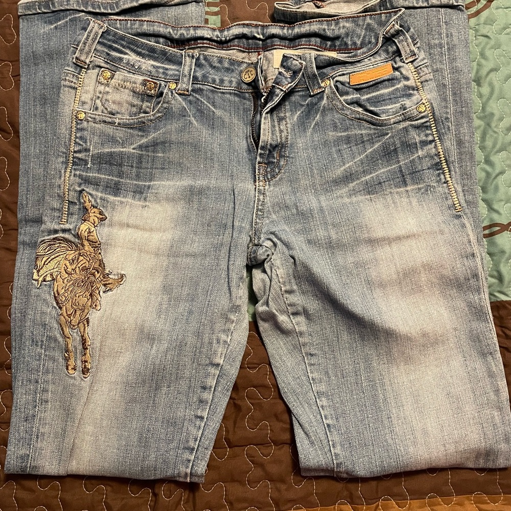 Cowgirl Tuff Light Blue Straight Leg Jeans with Embroidered Deer